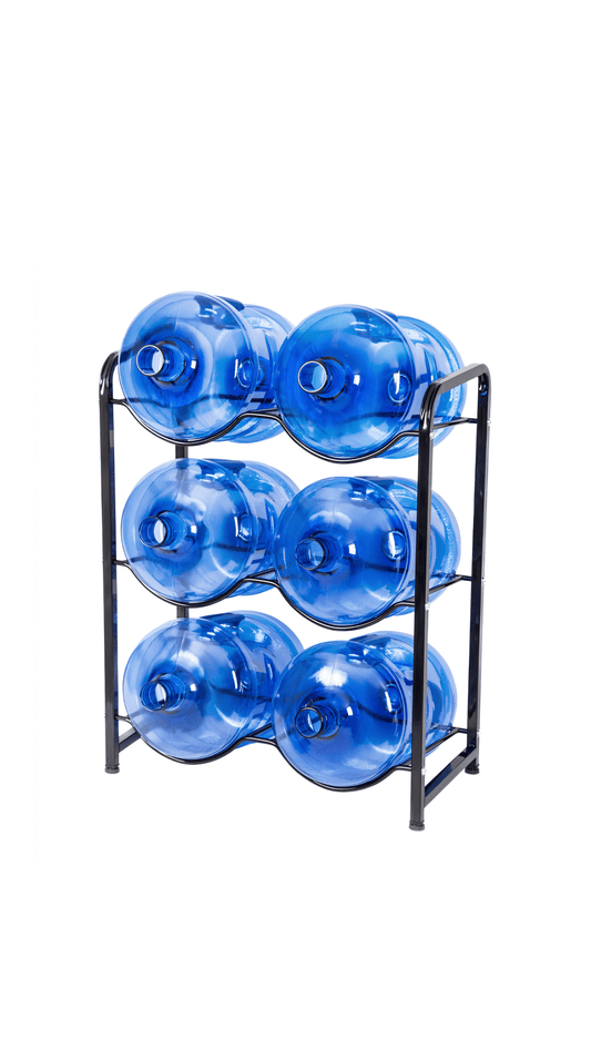 Six-bottle rack holding large returnable water bottles