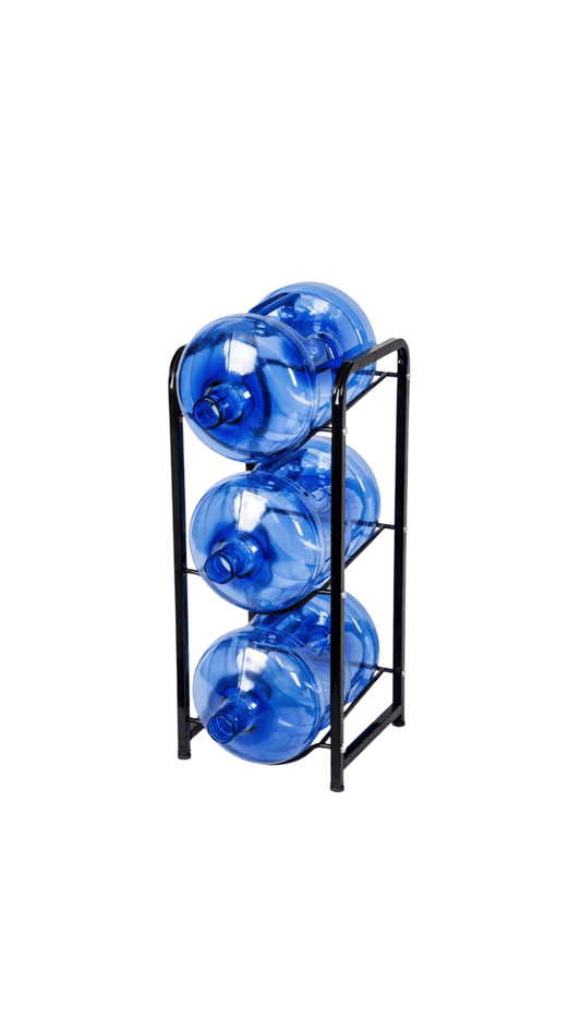Three-bottle rack holding returnable water bottles
